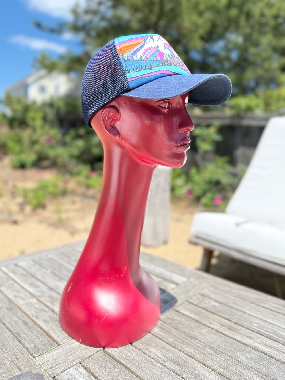 Sunday artist Series Blue Trucker Hat with Multicolor Mountain Artwork
